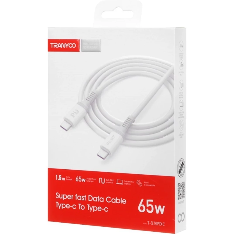 کابل دو سر تایپ سی ترانیو 65 وات t-x20pd-c